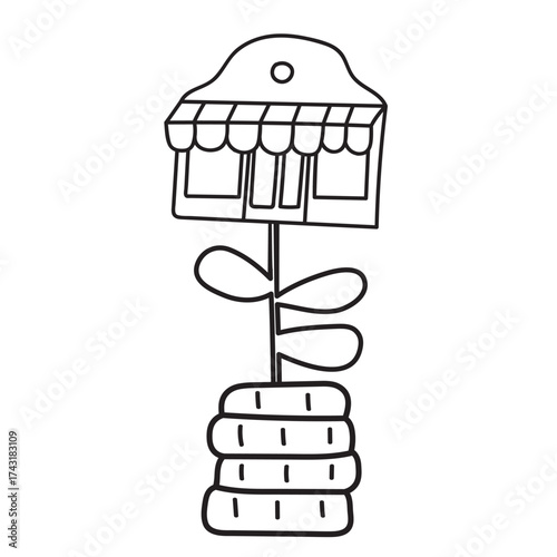 Invest in Local Growth Icon, Money Tree with Shop Blossom, Outline Vector Illustration on White Background.