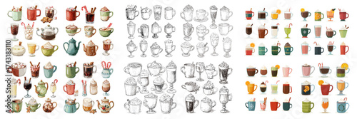 Set of cozy tea and coffee cups with various drinks and desserts in color and sketch versions. Perfect for café, beverage, breakfast, or restaurant themed design projects.