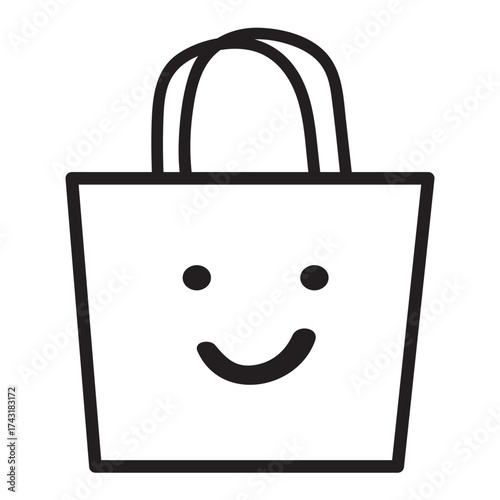Positive Shopping Icon, Smiling Tote Bag Flat Vector Illustration on White