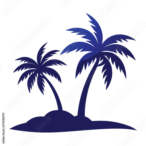 Vector art of two blue palm trees on a small island silhouette