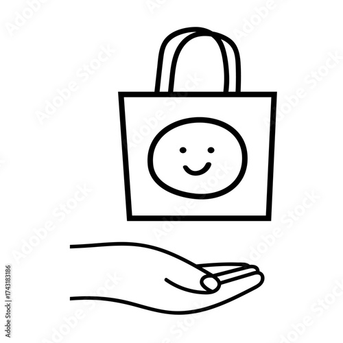 Joy of Shopping Local Icon, Smiling Shopping Bag in Hand, Outline Vector Illustration on White Background. 