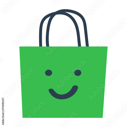 Eco Friendly Shopping Icon, Green Smiling Tote Bag Vector Illustration on White Background