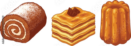 Delicious pastry desserts collection, sweet baked treats illustration, chocolate roll cake, layered pastry, and bundt cake vector design