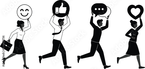 Social media engagement team running with feedback symbols vector