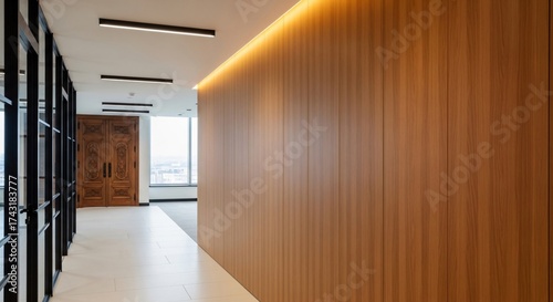 Modern office hallway with wood paneling and grand double doors