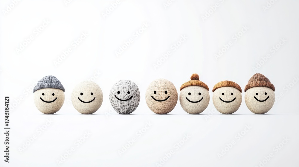Fototapeta premium Seven smiling stones wearing colorful hats display cheerful expressions in a bright, minimalist setting