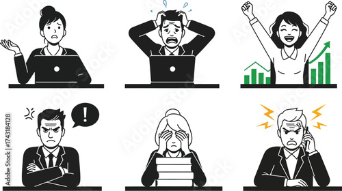 Business emotions office work stress success and frustration