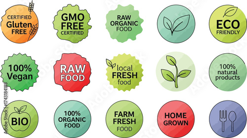 Organic food labels vector set for healthy eating products
