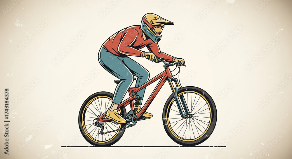 Fototapeta premium Dynamic illustration of a downhill mountain biker in action, capturing the adrenaline and speed of extreme off-road cycling