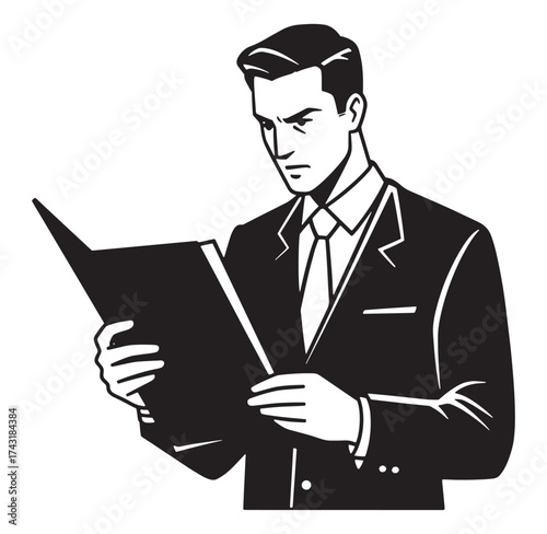 A focused businessman reviewing documents in a professional suit and tie illustration