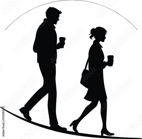 Couple walking together holding coffee cups silhouette