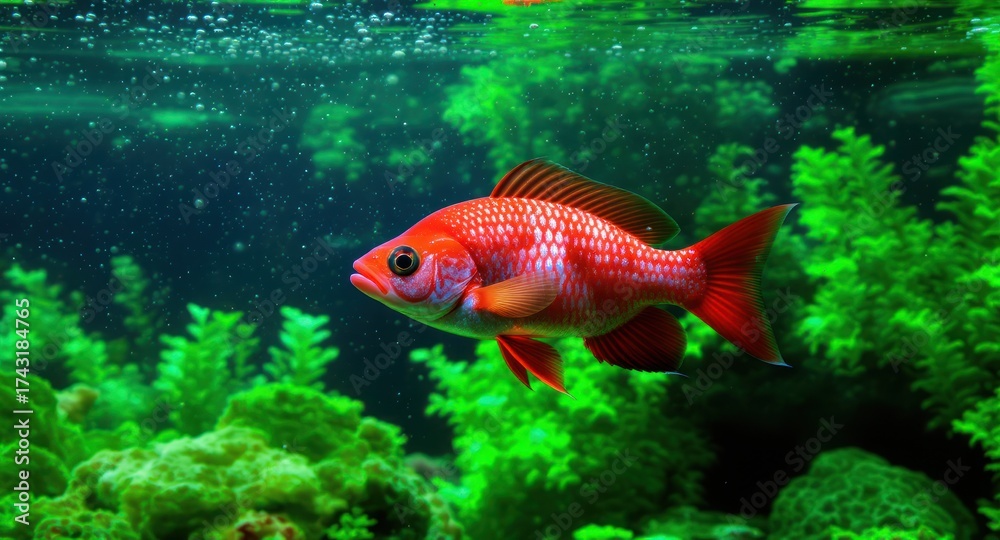 Fototapeta premium Red fish swims in vivid, green, planted aquarium with bubbles rising