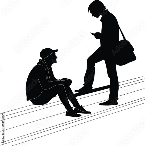 Two people in silhouette talking on a patterned background silhouette