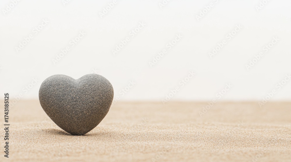 Fototapeta premium Heart-shaped stone stands out on sandy beach under soft natural light