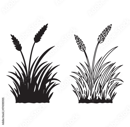 Black and white stylized illustration of two patches of wheat grass and flowers
