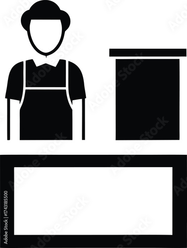 Worker in apron standing behind counter silhouette