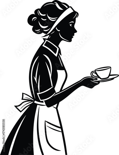 Vintage maid serving coffee cup silhouette