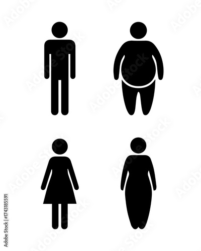 Human body shape icon set vector illustration, stickman male and female body types including slim, overweight, fit, and curvy silhouettes concept for health, fitness, diet, and medical design.