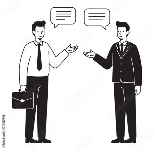 Business professionals engaging in a dialogue with speech bubbles in simple black and white style