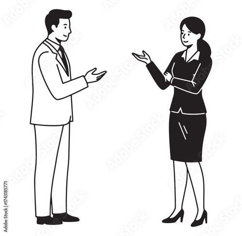 Business professionals engaging in a conversation simple line art illustration on white background