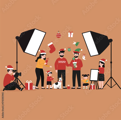 Large Family and Photographer in a Christmas Photo Studio