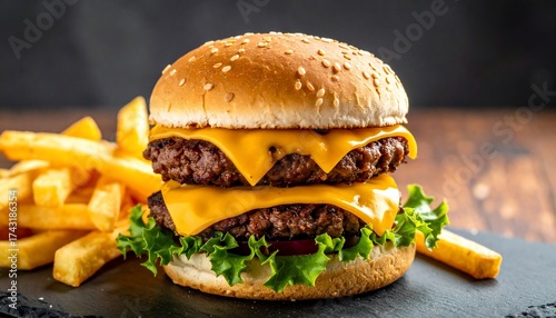 Delicious cheeseburger with french fries on a black slate in a studio shot