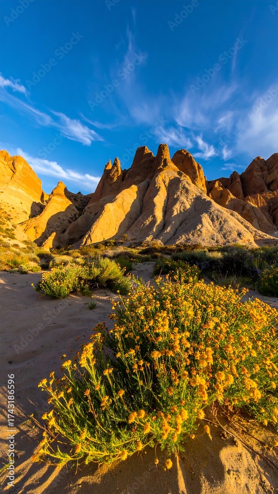 Obraz premium Majestic sandstone rock formations with yellow desert blooms