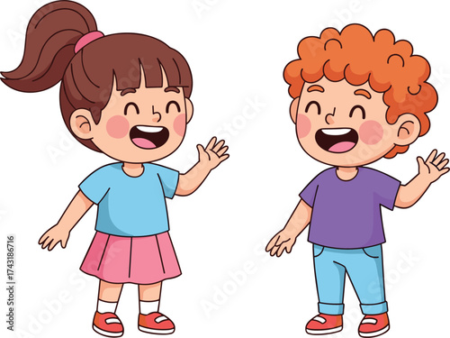 Happy cartoon kids waving hands, smiling boy and girl illustration, friendship and childhood fun, cute children character design, joyful expression