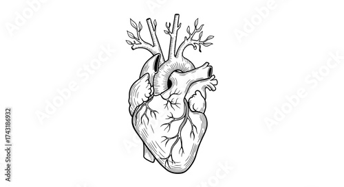 Harmony of Heart: A detailed artistic illustration intertwines the intricate form of the heart with delicate branch, symbolizes life and the profound interconnectedness of nature and inner vitality.