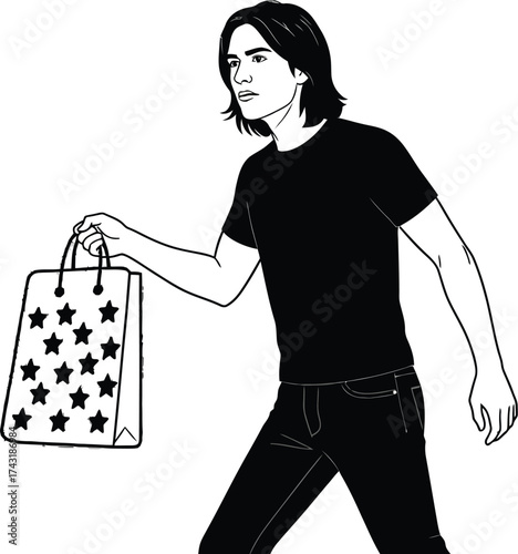 Cool young man walking with a star patterned shopping bag, perfect for fashion blogs, retail promotions and lifestyle content about style and shopping