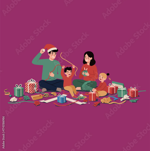 Large Happy Family Opening Christmas Gifts and Presents