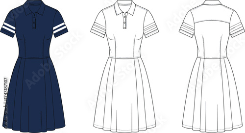 Short sleeve flared dress flat sketch, cad drawing flat vector illustration, collared fashion design, technical apparel template, striped sleeve garment