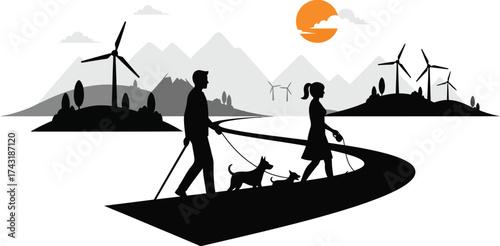 Eco friendly lifestyle with dogs and wind turbines illustration