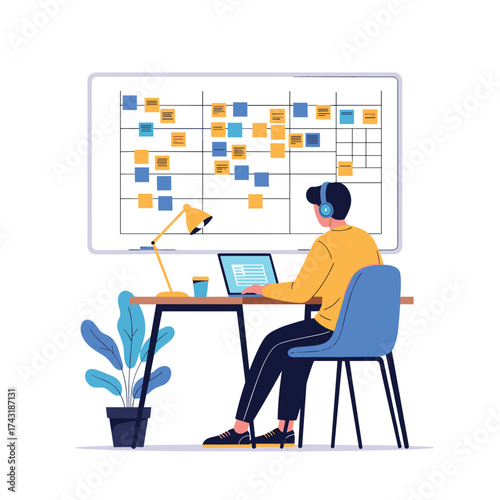 Agile project management with a sticky note board.