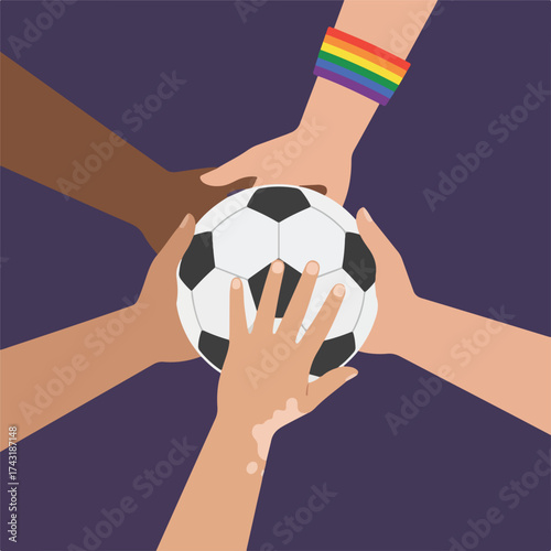 Diverse hands holding a soccer ball with pride bracelet