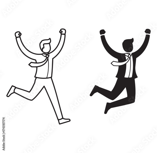 Businessperson celebrating success jumping up with arms raised in black and white minimalist style