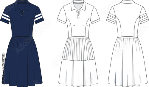 Short sleeve pleated dress flat sketch, cad drawing flat vector illustration, collared fashion design, technical apparel template, striped sleeve garment