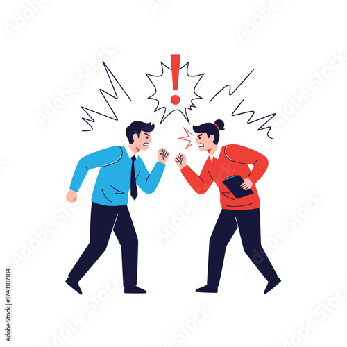 Two people arguing intensely with an exclamation mark and radiating lines.