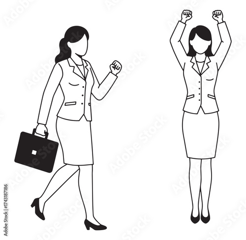 Businesswoman in action depicting success and triumph with illustrated office attire