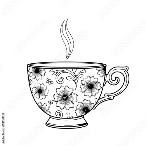 Elegant Floral Teacup: This line art piece showcases a beautifully detailed teacup adorned with floral patterns and delicate swirls. Subtle steam curls upwards, adding a sense of warmth and serenity.