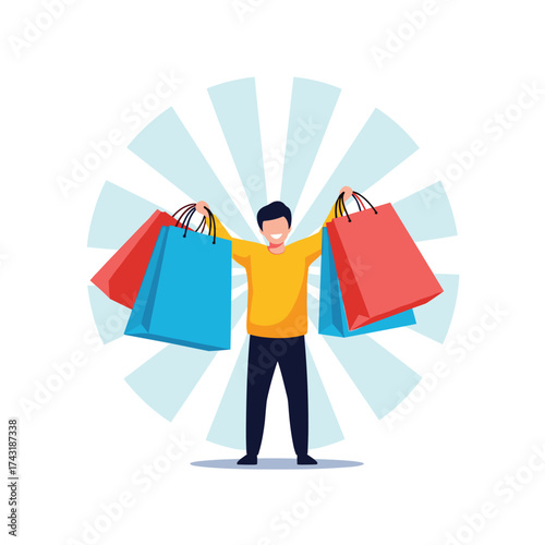 A happy person holding many shopping bags with joy.