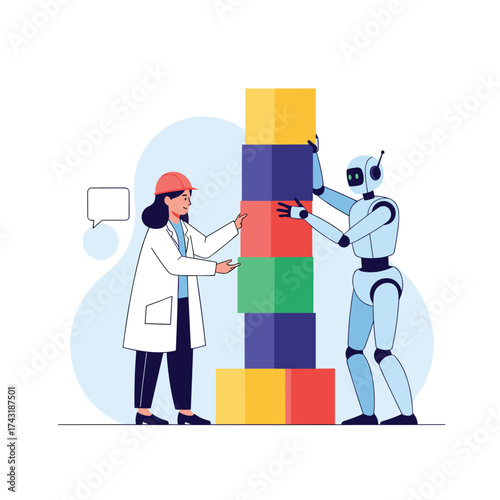 Human and robot collaboration in building a structure together.