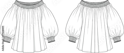 Off shoulder blouse flat sketch, cad drawing flat vector illustration, gathered sleeve top design, fashion technical apparel template, loose flowing garment
