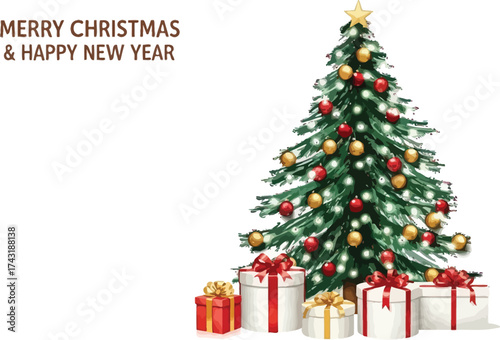 Celebrate a vibrant, joyous season with this stunning Christmas tree and gifts, perfect for spreading holiday cheer and modern festive vibes