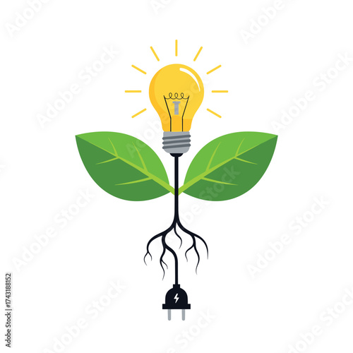 A light bulb sprouts from a plant with roots and leaves.