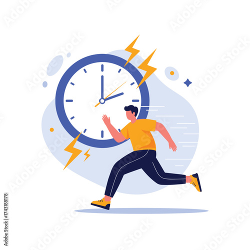 Man running fast against a large clock symbolizing time management.