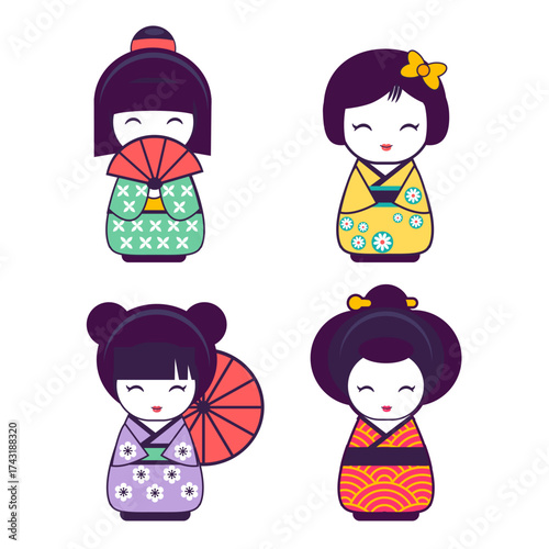 set of  japanese cute girls in kimono