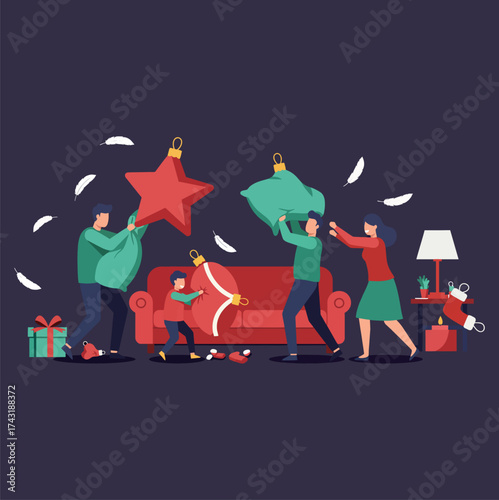 Family Christmas Pillow Fight with Decorations