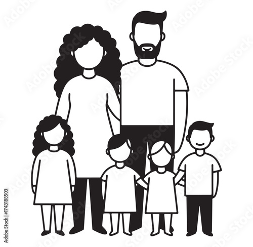 Illustration of a black and white nuclear family with parents and four children smiling