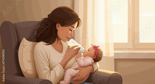 This flat design illustration portrays a tender moment of a mother bottle-feeding her baby girl in a warm, cozy nursery setting. The image emphasizes the bond and nurturing care between them.